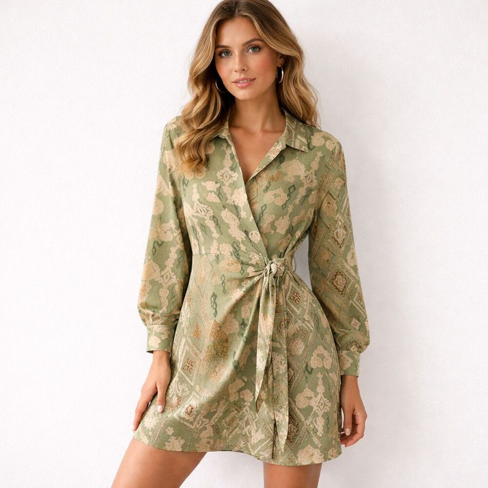 Rachel Zoe Dress Womens Large Green Geometric Wrap Shirt Long Sleeve Tie Mini
